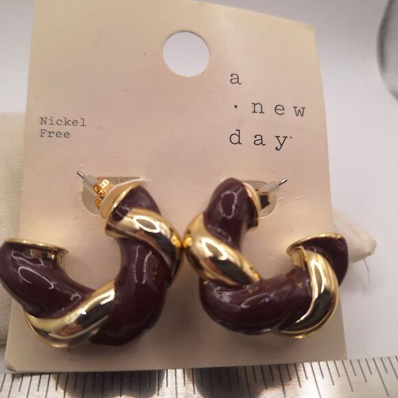 A New Day Nickel Free Goldtone Brown Earrings Hoop Stud Earrings - Picture 1 of 6